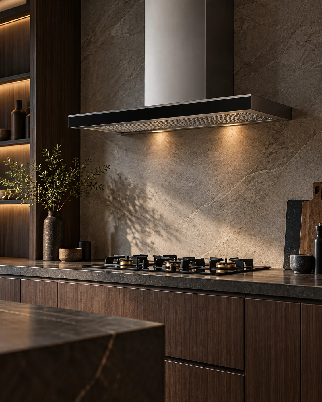 A stainless-steel chimney hood over a built-in gas hob, seen against a dark kitchen backdrop.