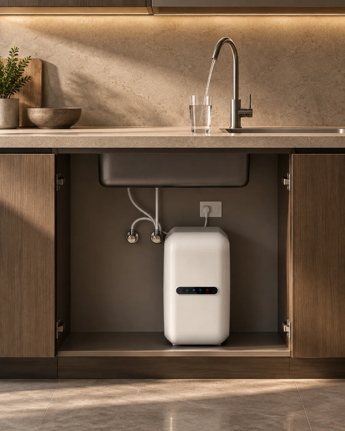 An under-sink RO water purifier unit and a clear glass of water, photographed like a considered object.