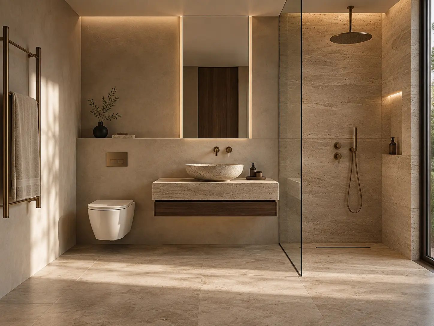 A full contemporary bathroom scene — basin, shower, WC and accessories in one calm composition.