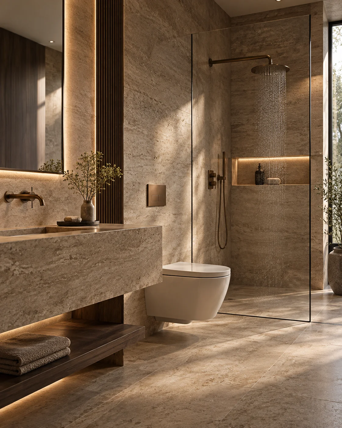 A calm bathroom in travertine and bronze.