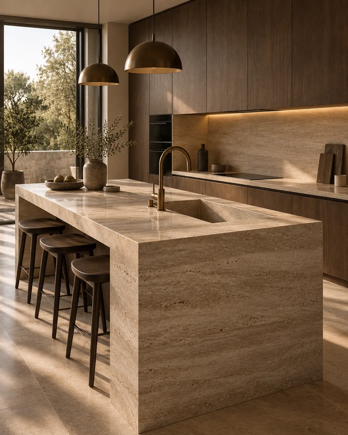A kitchen with a stone island and a deep single sink.
