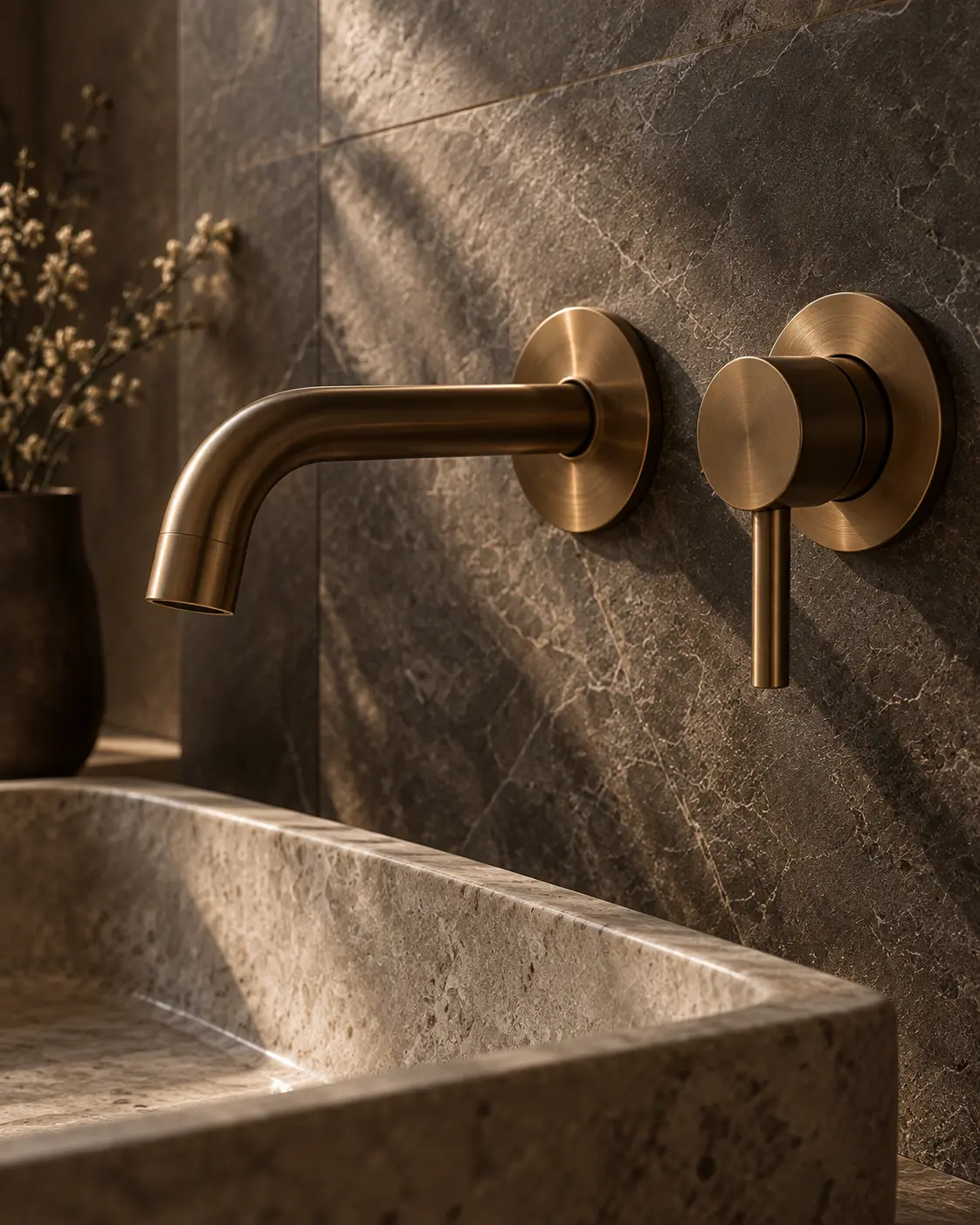A close detail of a wall-mounted mixer against dark stone.