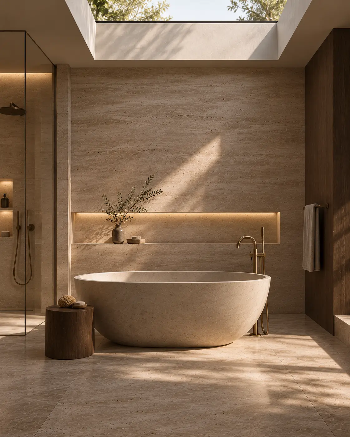 A freestanding bath under a skylight.