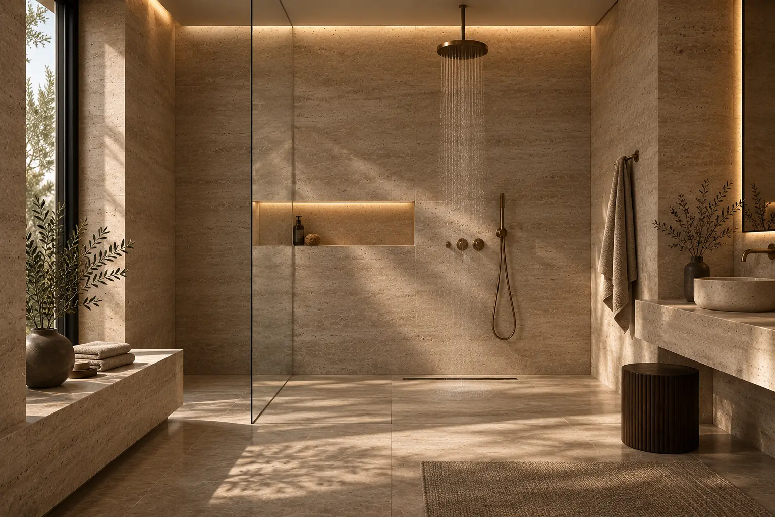 A wide shower room clad floor-to-ceiling in stone.