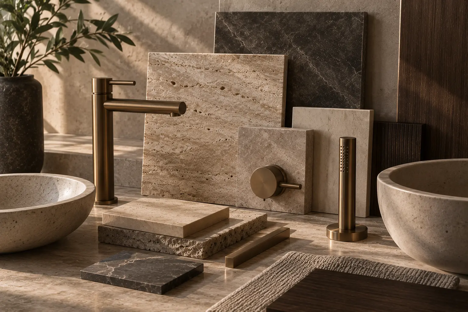 A material still life — stone, brushed metal, matte porcelain.