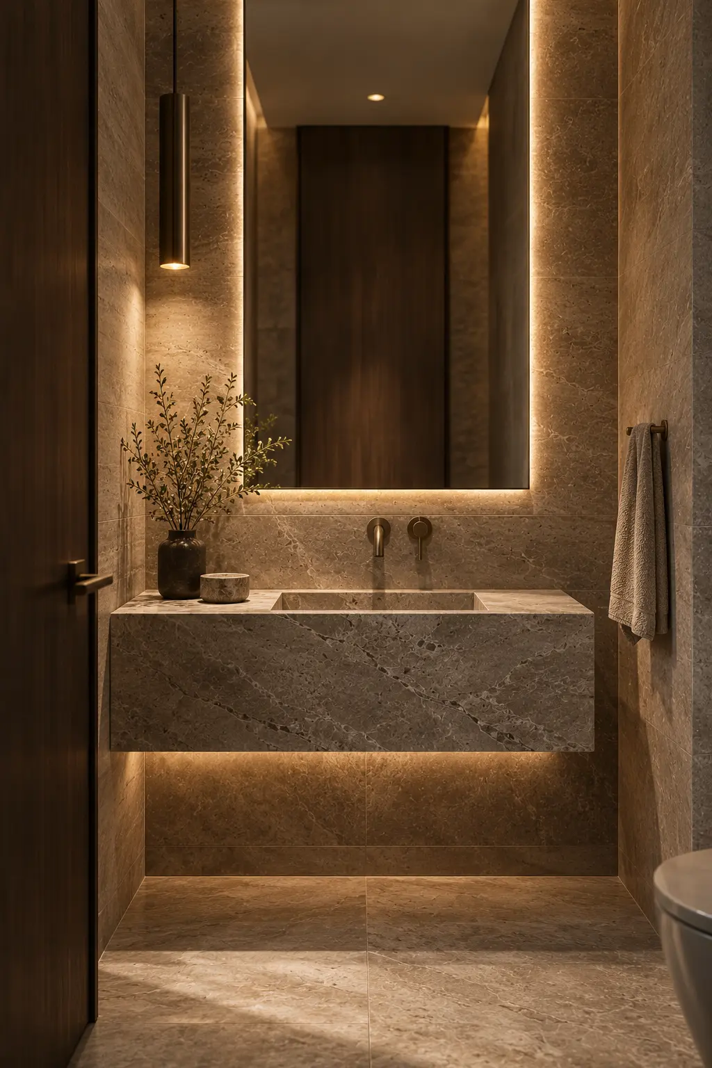 A powder room with a stone basin and a backlit mirror.