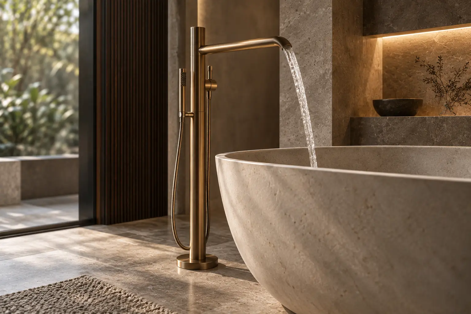 A bath filler in champagne bronze, water falling in a clean ribbon.