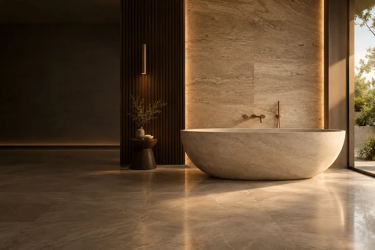 A contemporary bathroom at dawn — a sculptural stone bath below a tall window, brushed-bronze wall mixer, travertine walls.