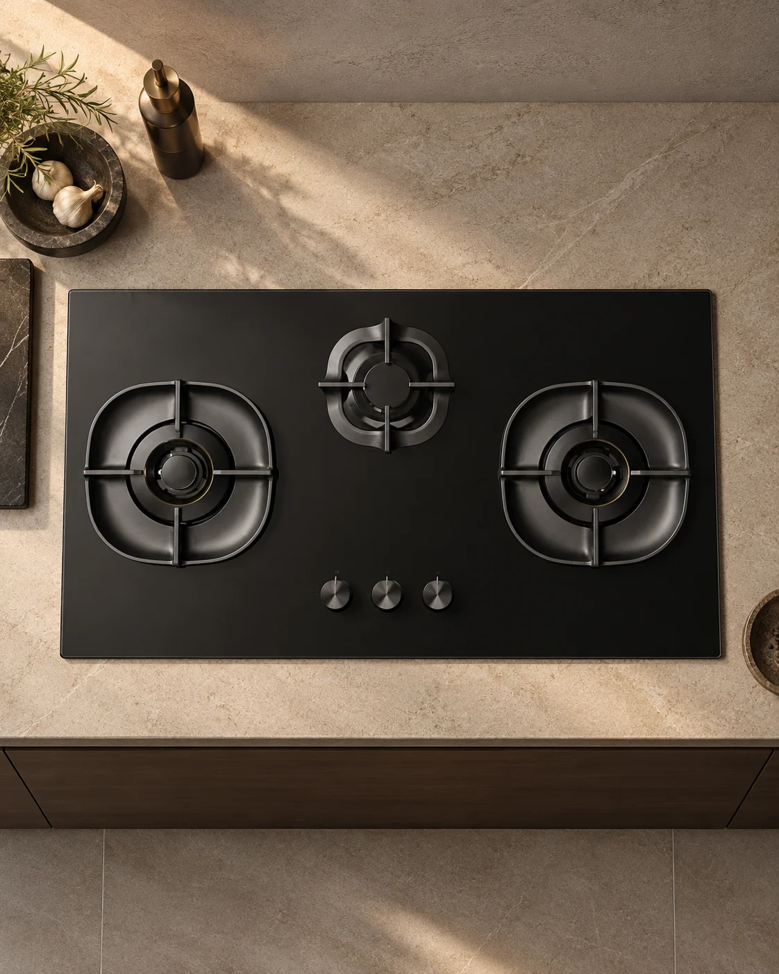An unbranded built-in gas hob set into a stone worktop, seen from above.