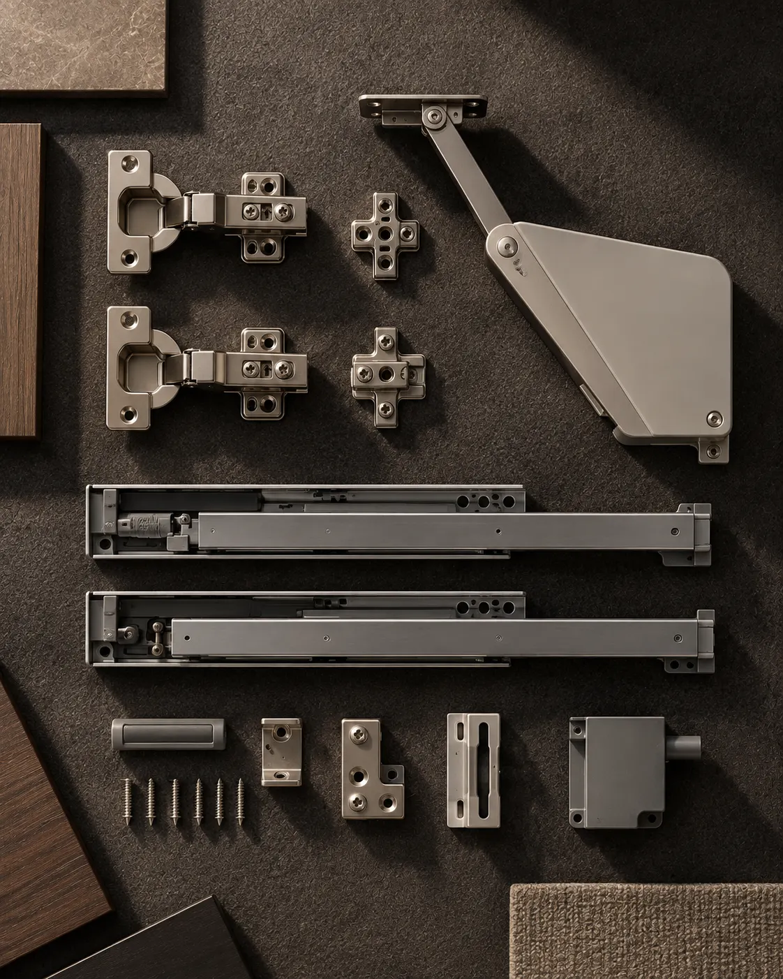 Concealed hinges, drawer runners and a lift fitting laid out on dark felt.