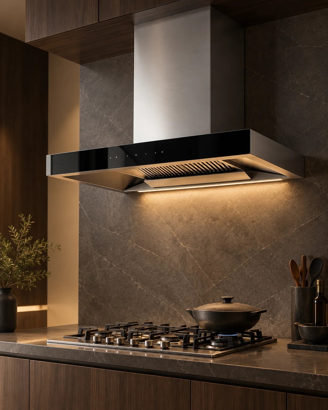 An unbranded stainless-steel chimney hood mounted over a dark stone counter.