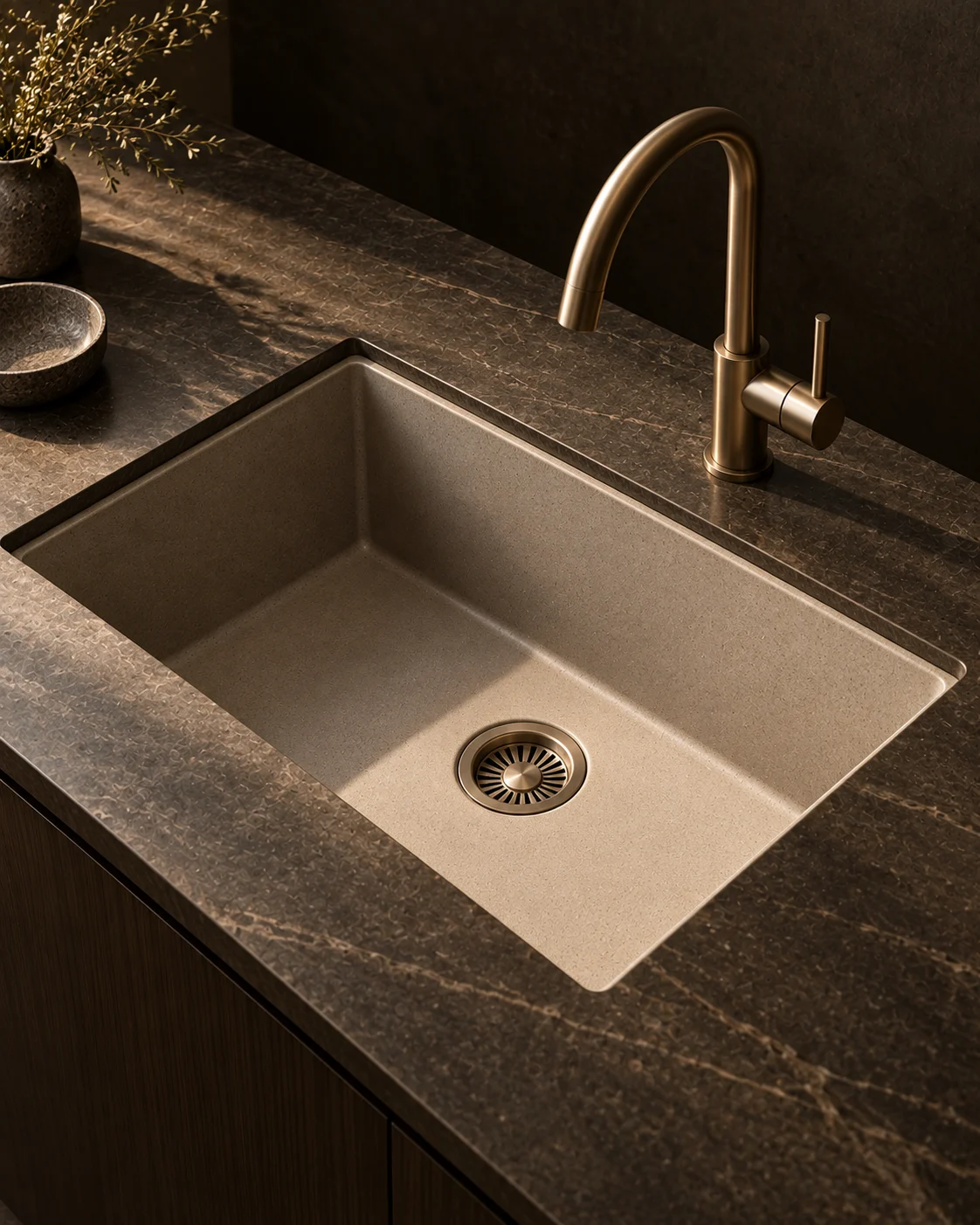 A matte quartz-composite kitchen sink in a warm stone colour.