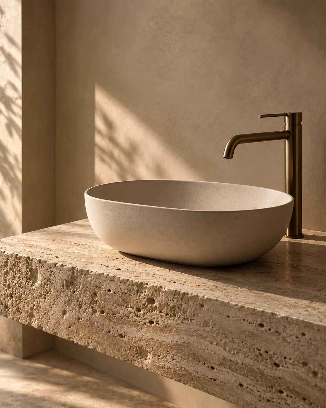 A sculptural counter-top wash basin on a travertine block.