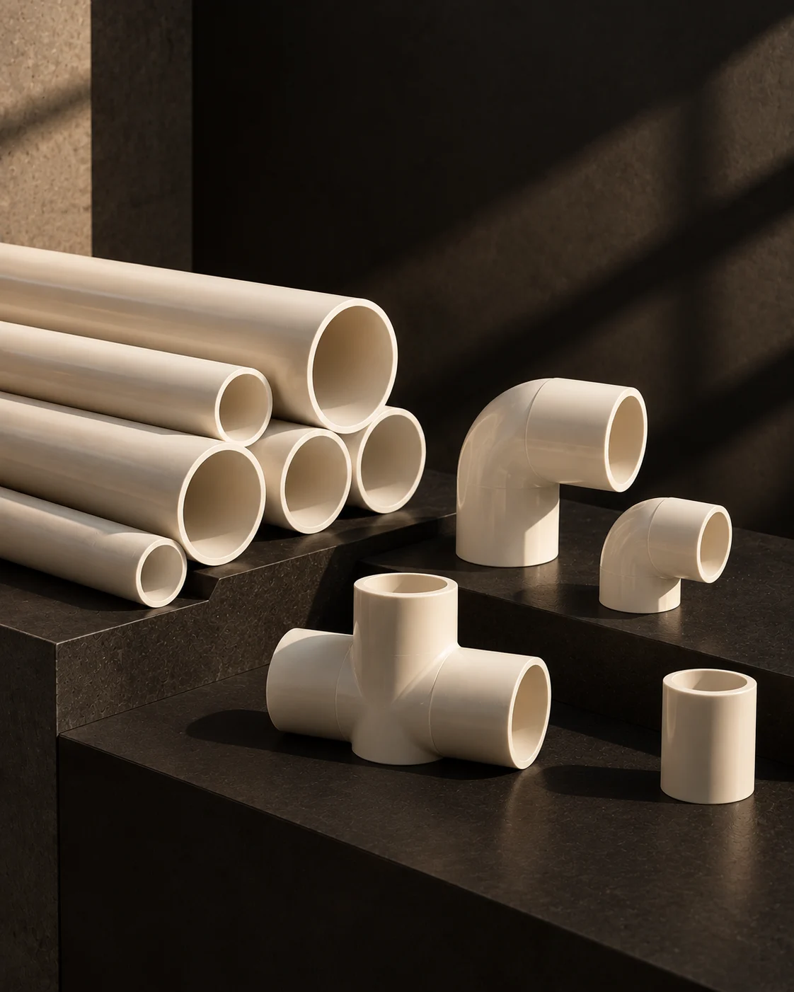 A neat arrangement of cream CPVC pipe and elbow fittings on a dark ground.