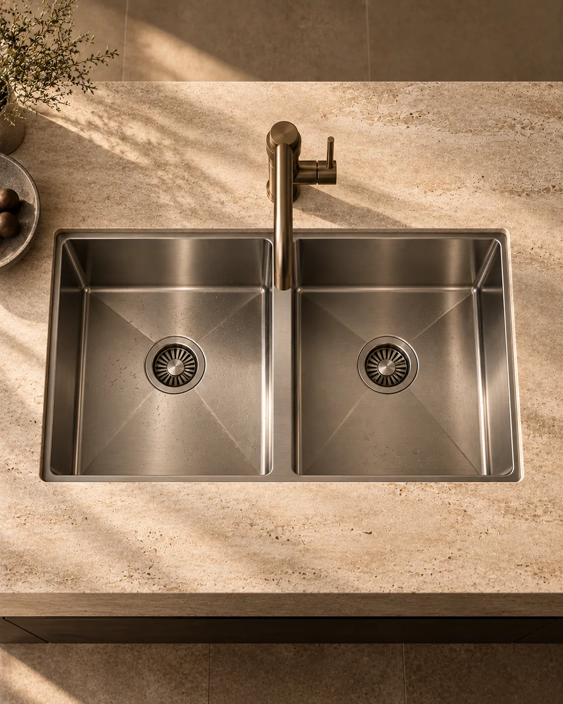 A double-bowl stainless-steel kitchen sink seen from above.