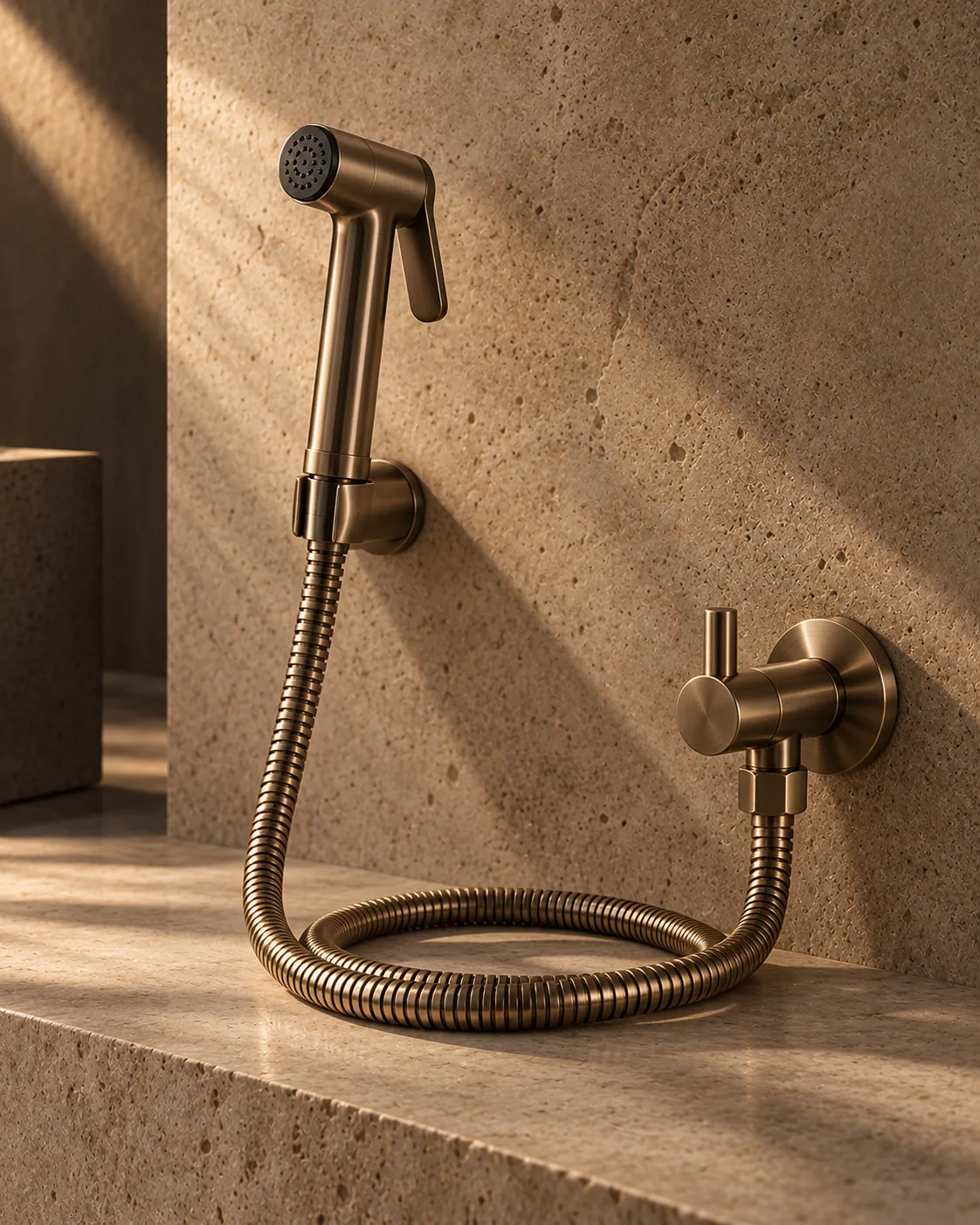 A health faucet with hose and an angle valve, arranged as a still life.