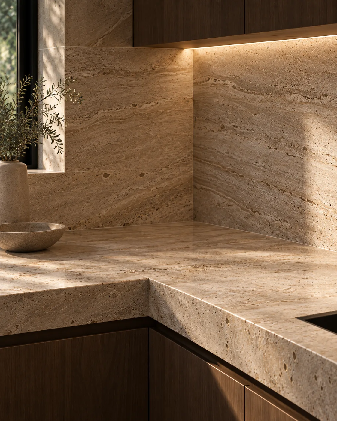 A continuous run of stone kitchen worktop with a matched splashback.