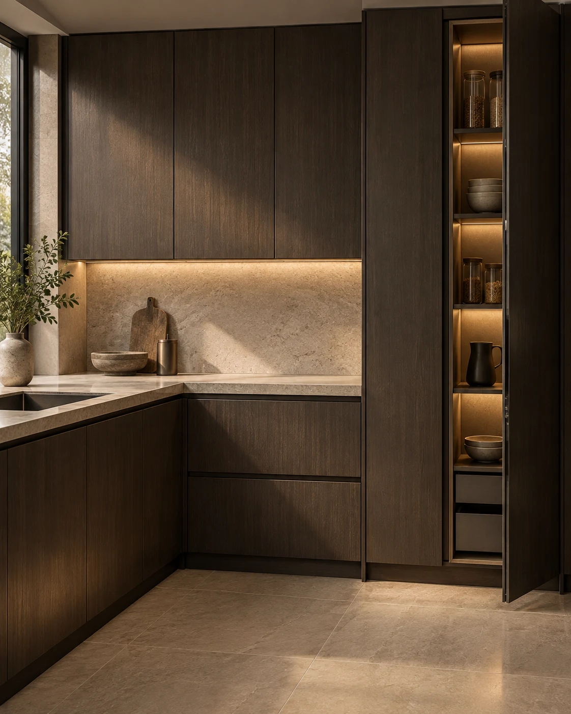 A corner of a modular kitchen in dark oak and pale stone, handleless fronts.