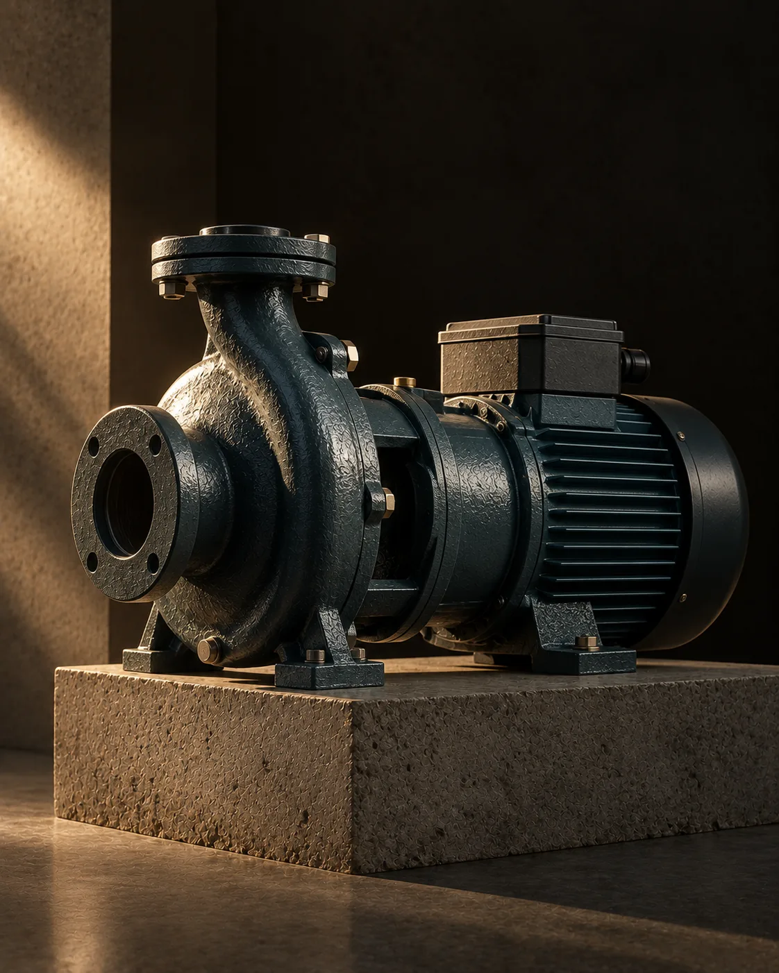 An openwell centrifugal pump, cast body catching a low light on dark.