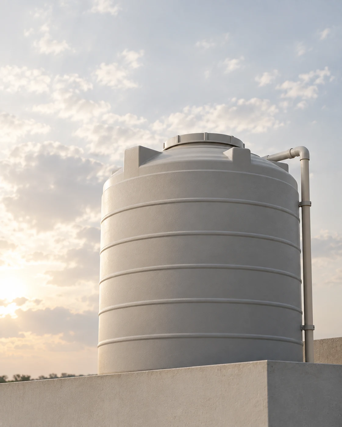 A layered overhead water tank as a clean cylindrical form against sky.