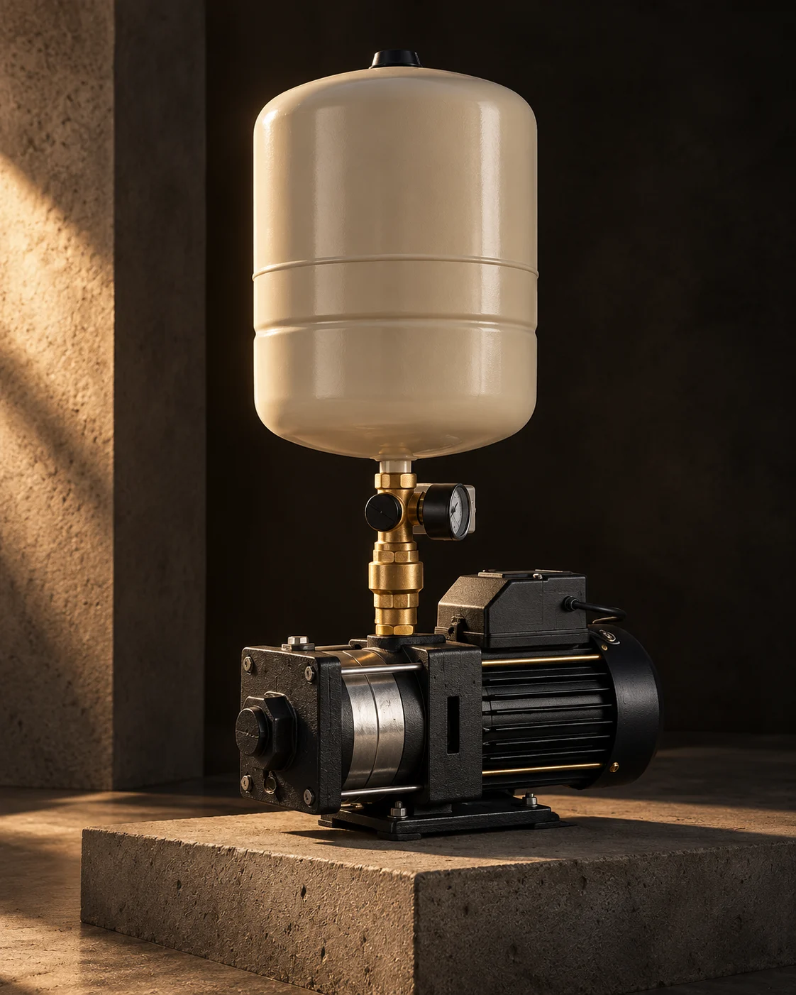 A compact pressure-booster pump on a concrete plinth, one hard rim light.