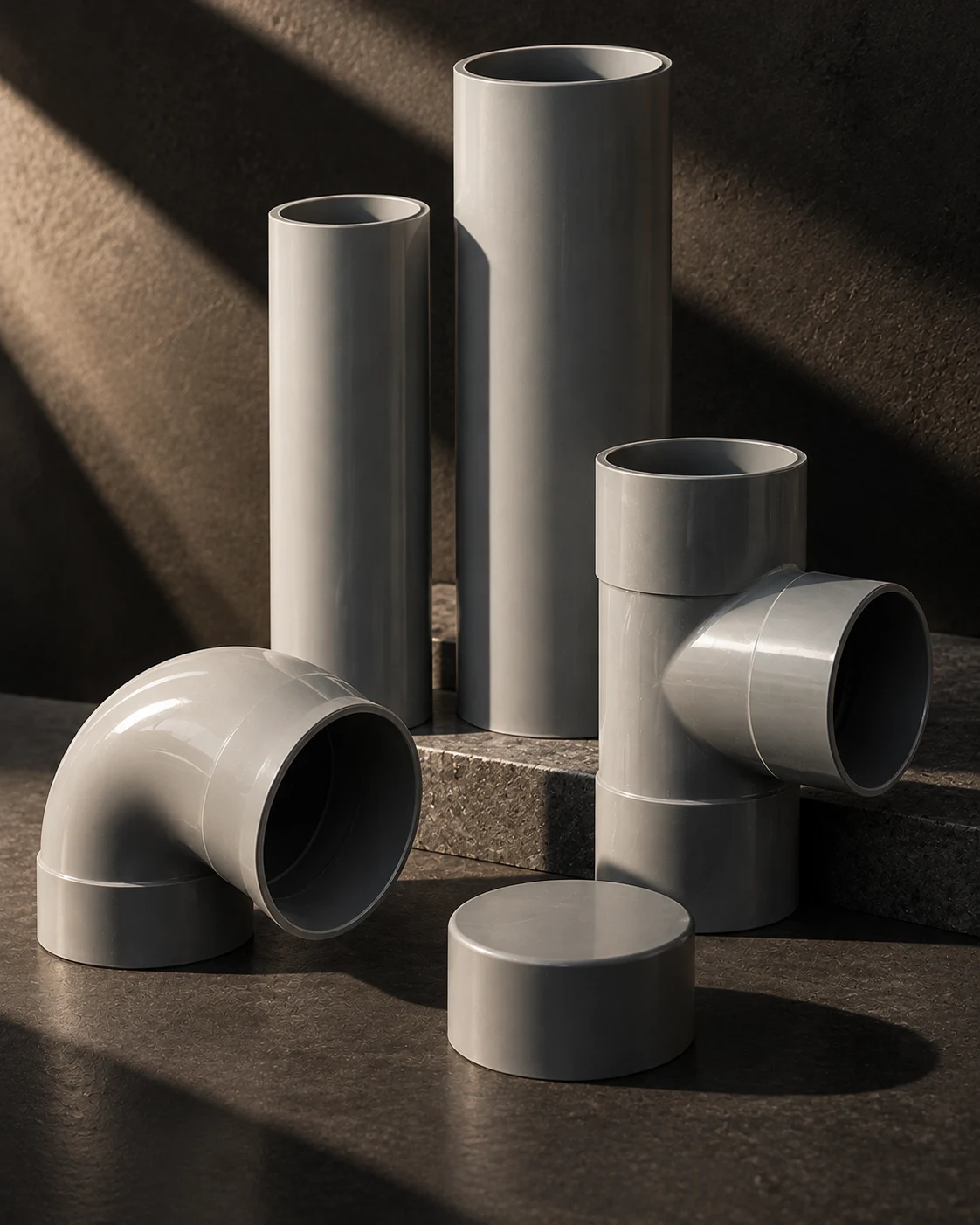 Grey PVC drainage pipe and general-purpose fittings arranged on a dark ground.