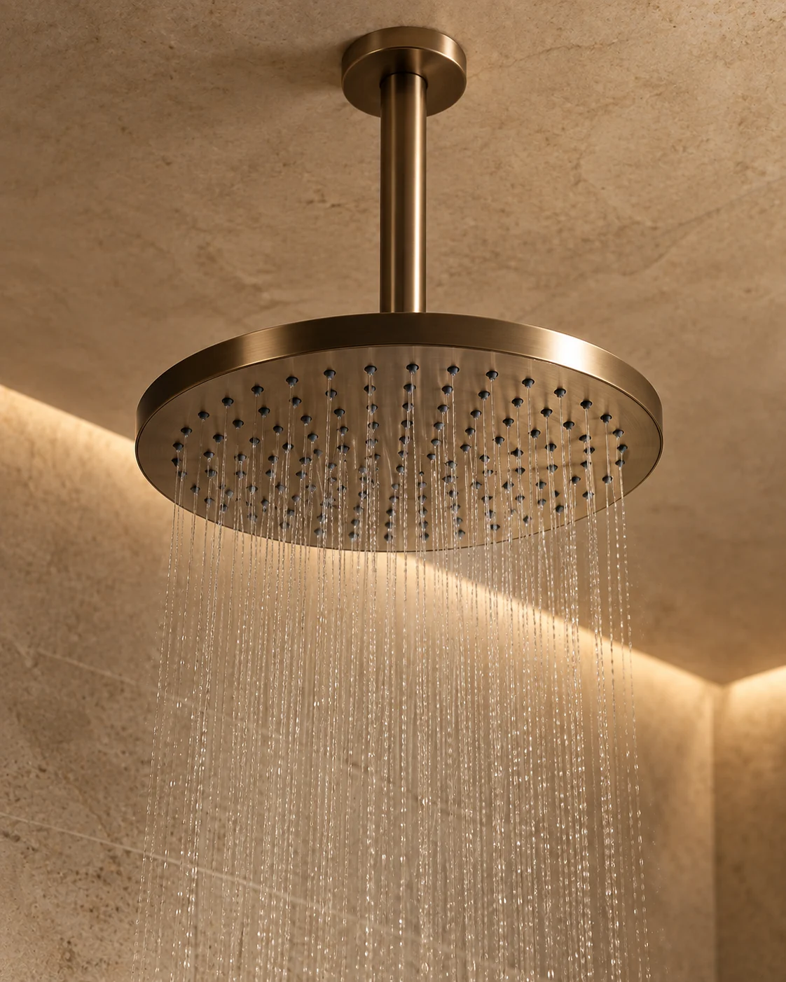 A round rain shower head seen from directly below on a plain ground.