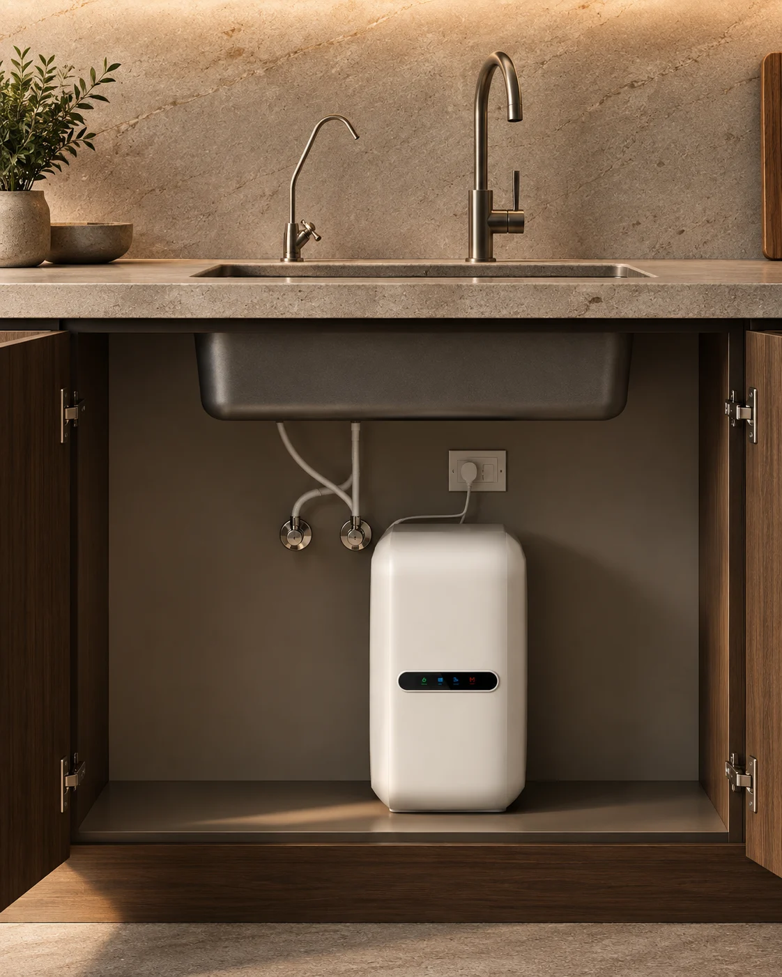 An unbranded under-sink RO water purifier unit with a slim counter-top faucet.