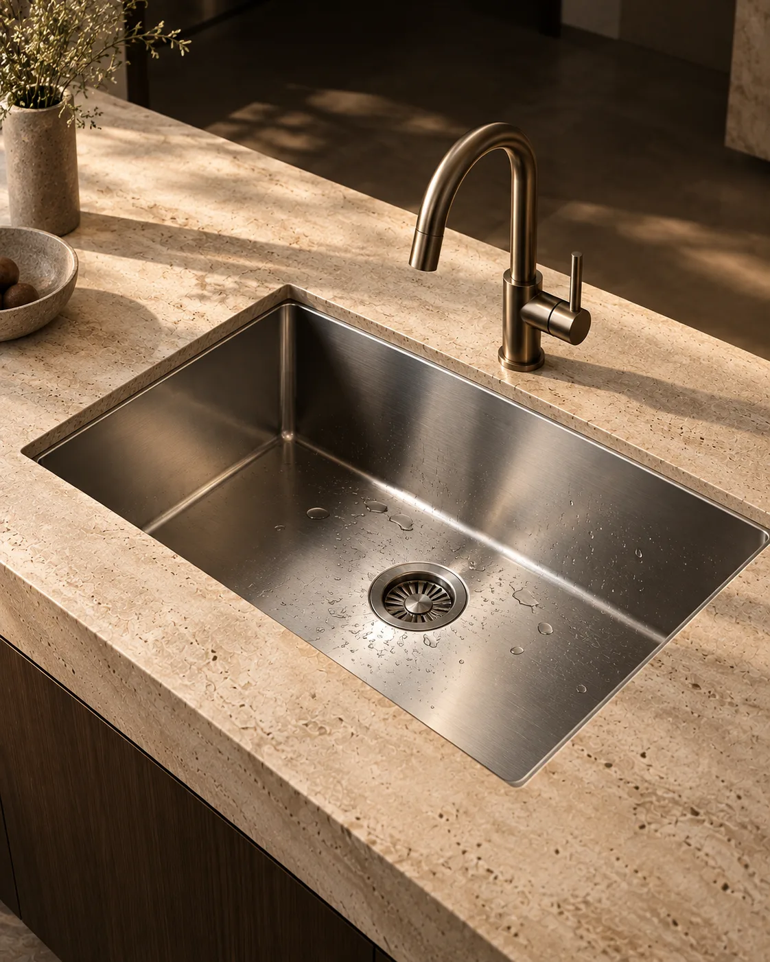 A single large stainless-steel kitchen sink, water beading on the deck.