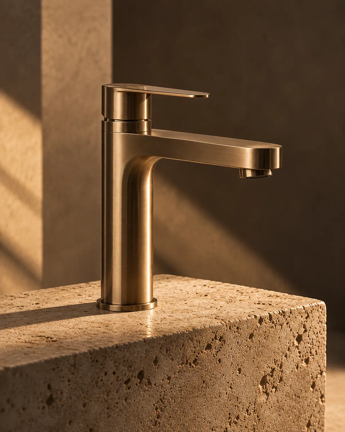 An unbranded single-lever basin mixer in brushed bronze on stone.