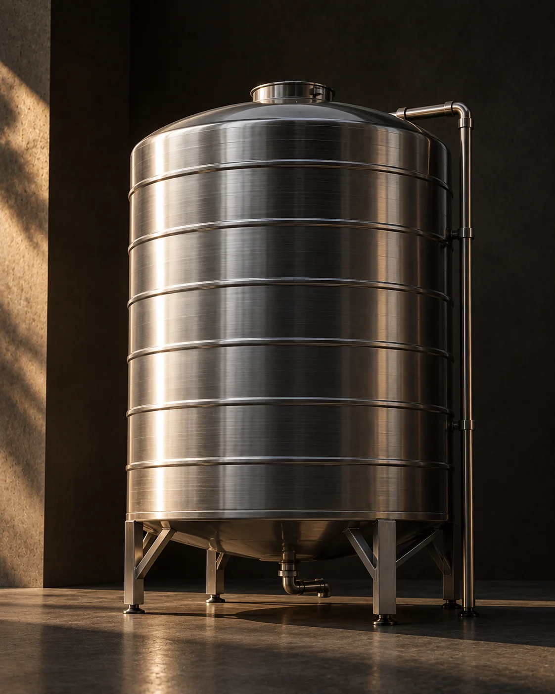 A brushed stainless-steel water tank on legs, low dramatic light.
