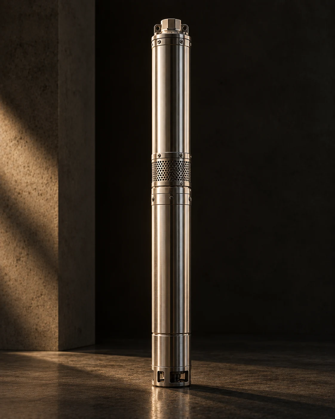 A slim borewell submersible pump stood vertically against a dark ground.