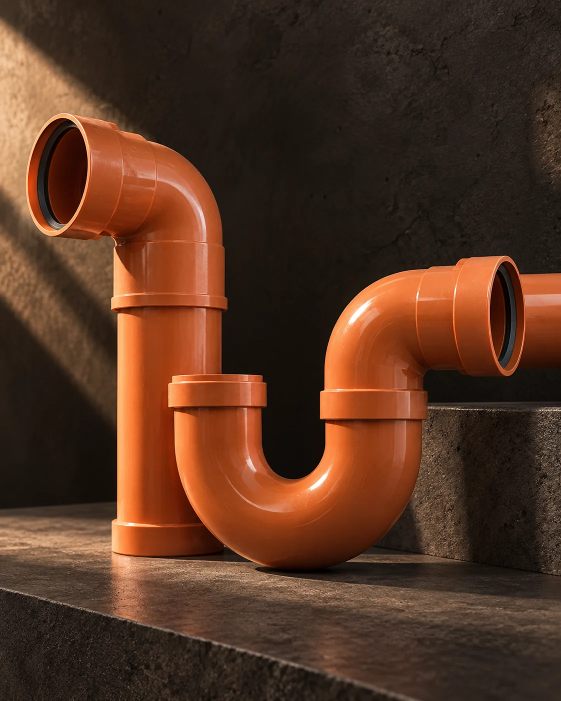 Large-diameter SWR drainage pipe, a bend and a trap, arranged as a still life.