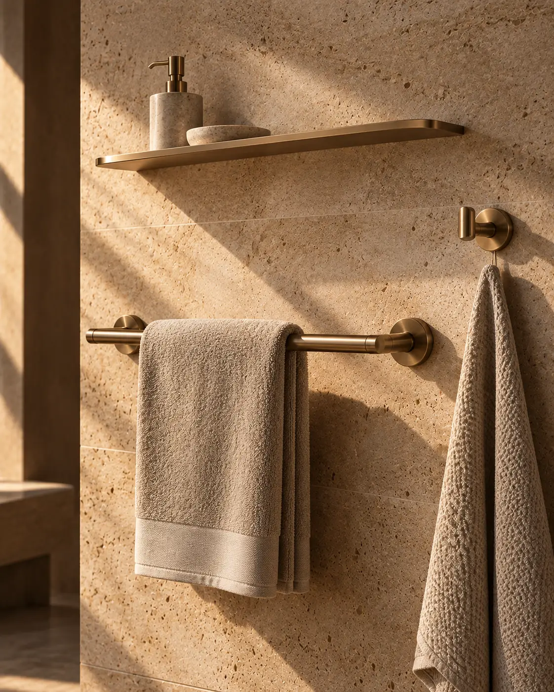 A brushed-bronze towel rail, ring, hook and shelf mounted on a travertine wall.
