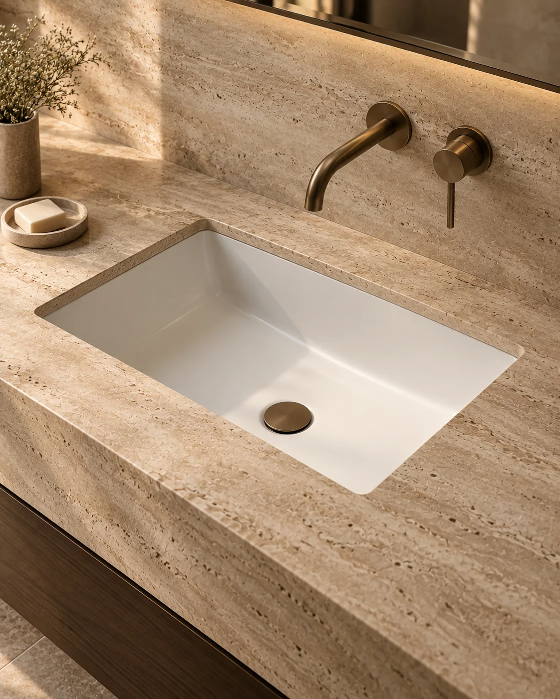 An under-counter wash basin set into a stone top, viewed from above.