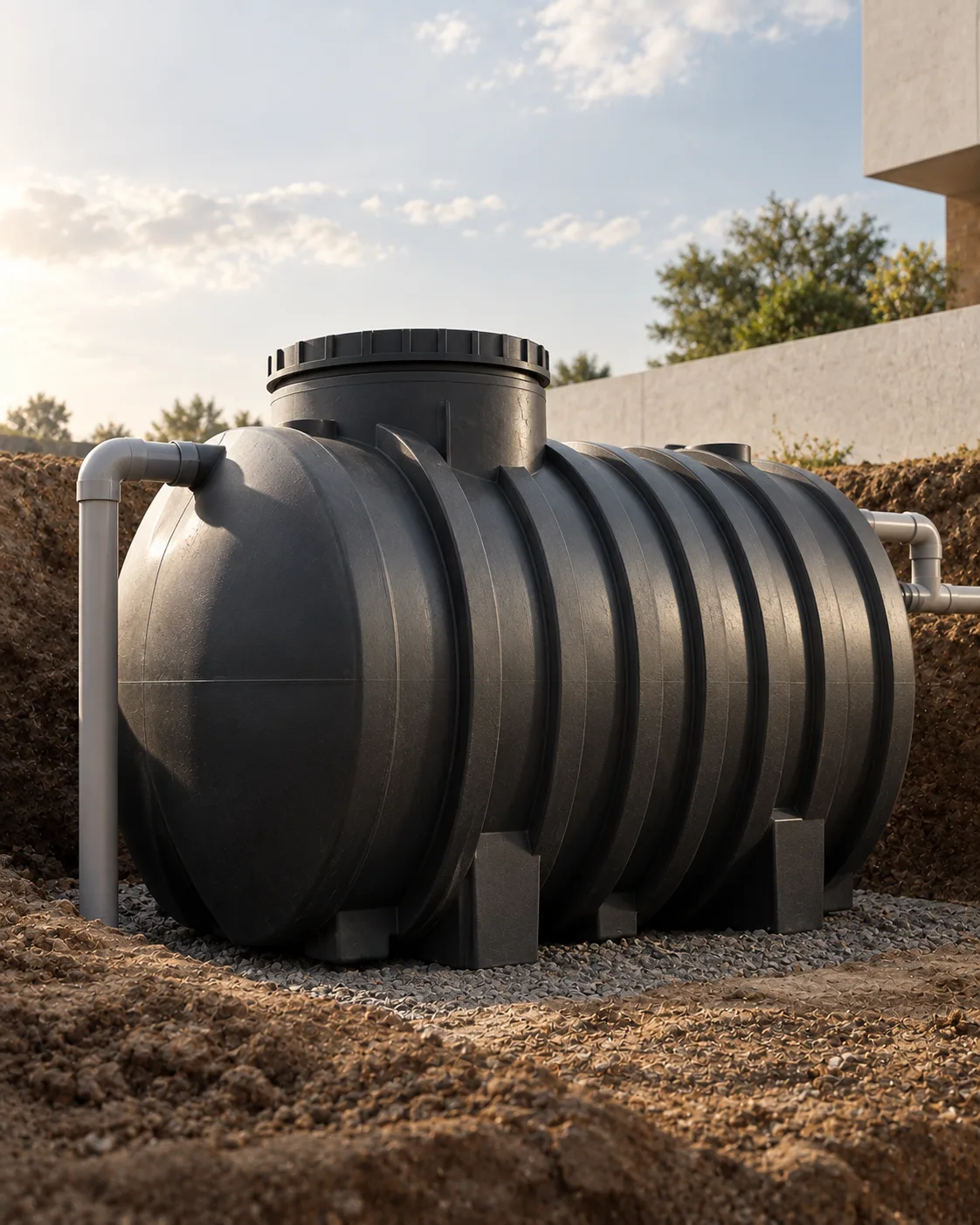 A ribbed underground / sump water tank seen three-quarter.