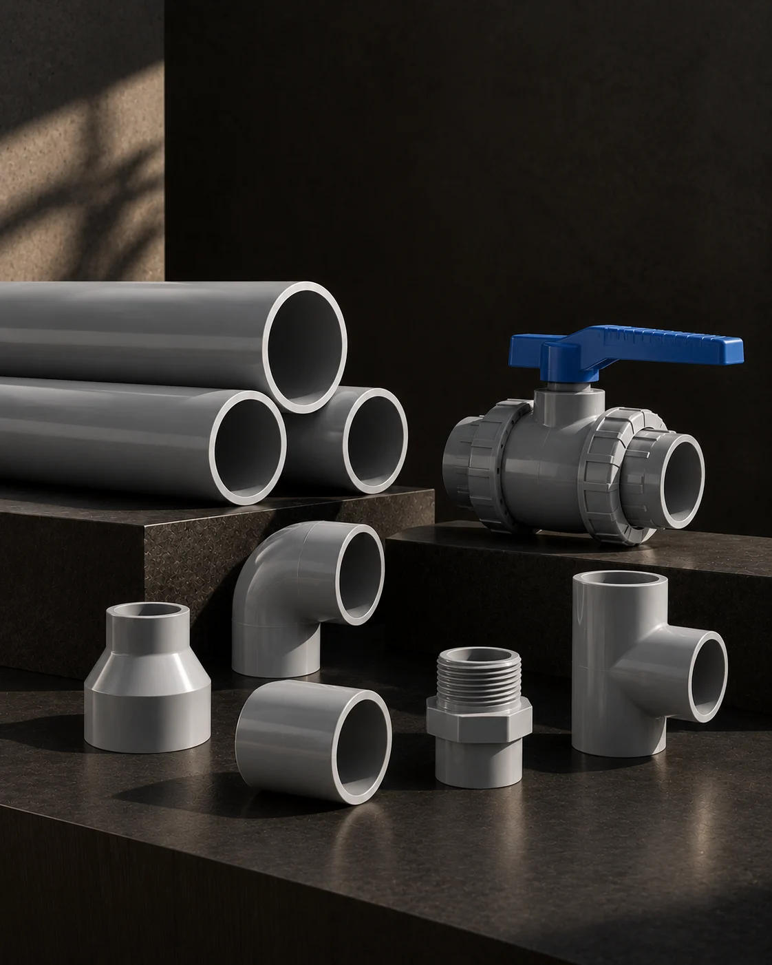 Grey UPVC pressure pipe and fittings stacked with precision.