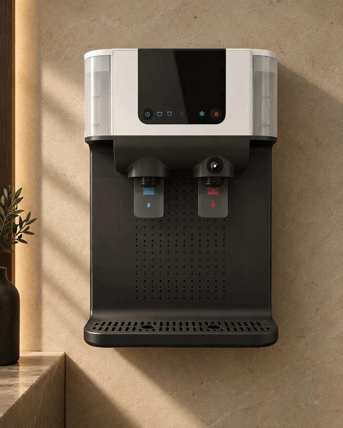 A wall-mounted UV/UF water purifier in matte white, seen against a plain wall.