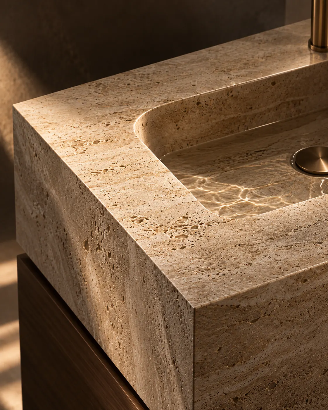 The mitred edge of a stone vanity countertop with an integrated basin.