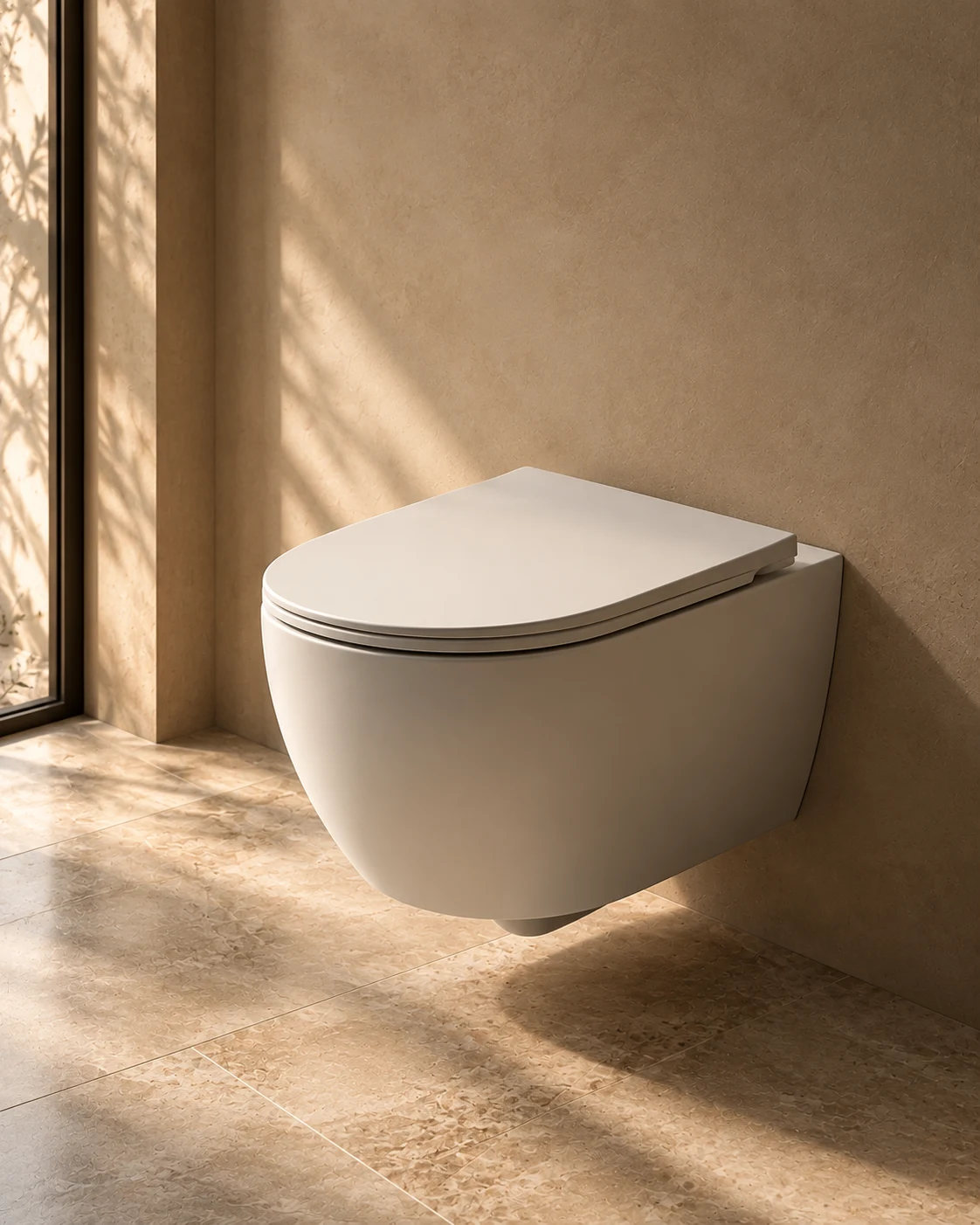 A wall-hung WC pan in matte white on a plain wall, seen three-quarter.