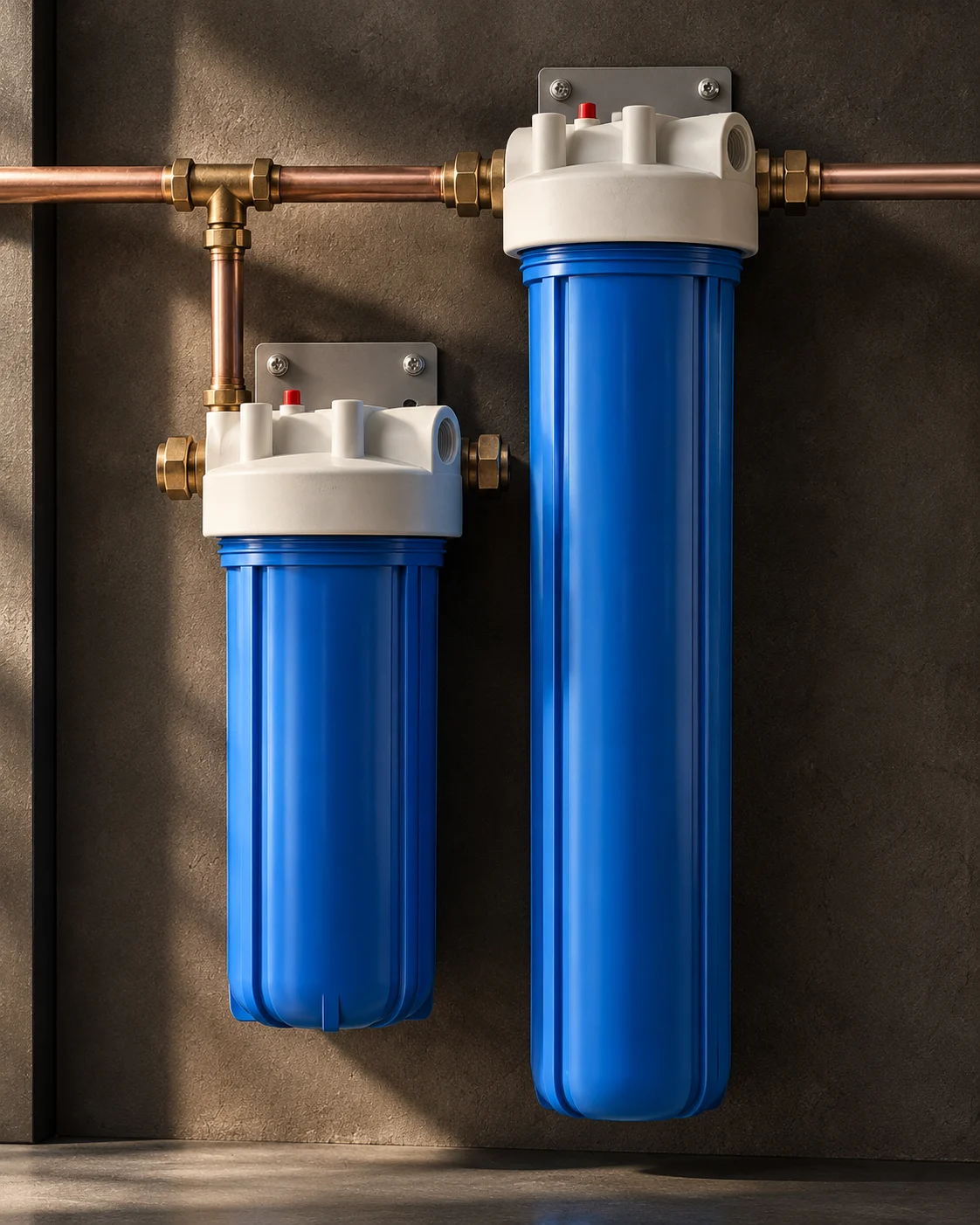 A whole-house sediment and carbon filter housing plumbed inline, on a dark ground.