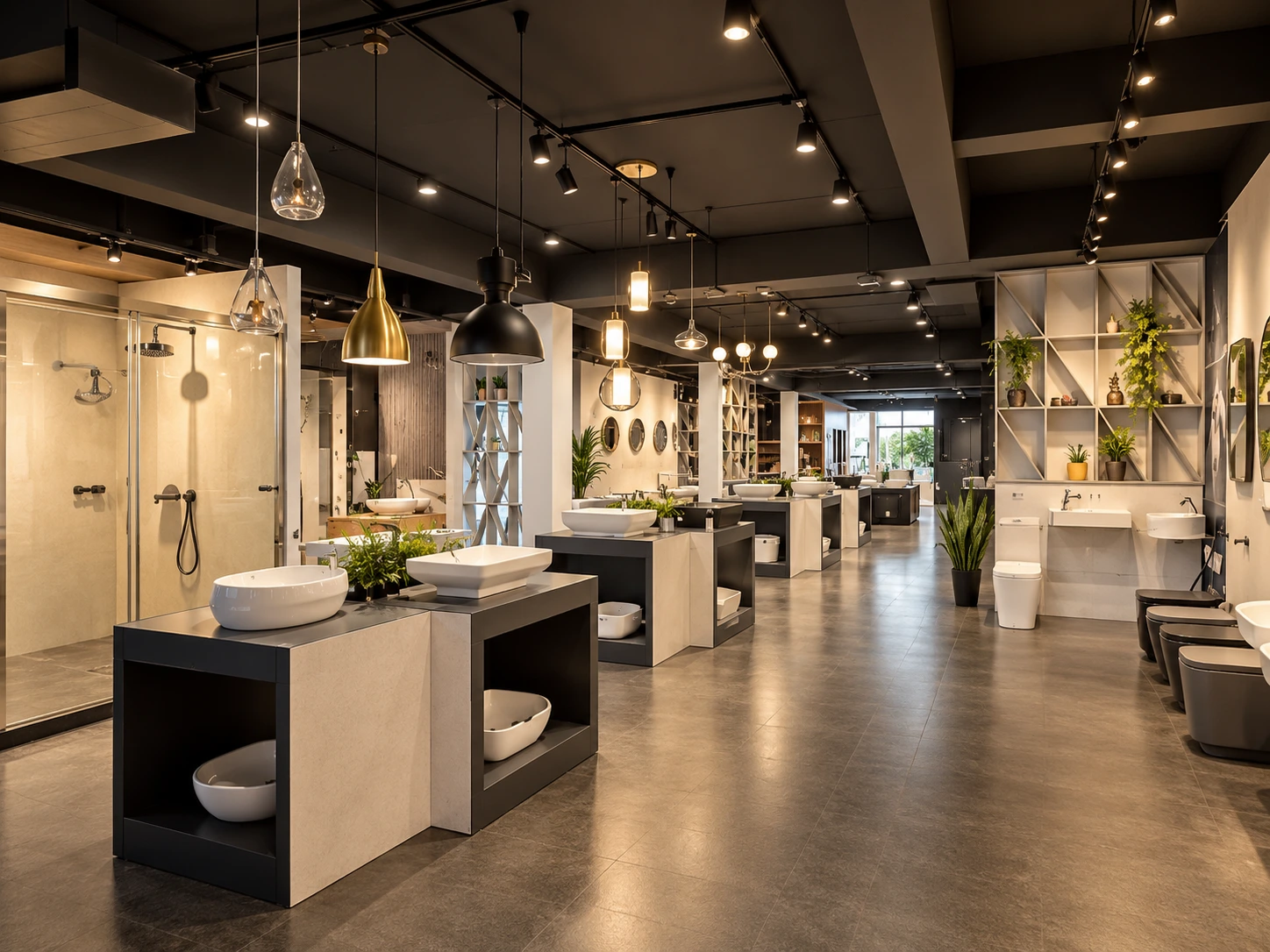 The sanitaryware floor — basins and WCs displayed on plinths.