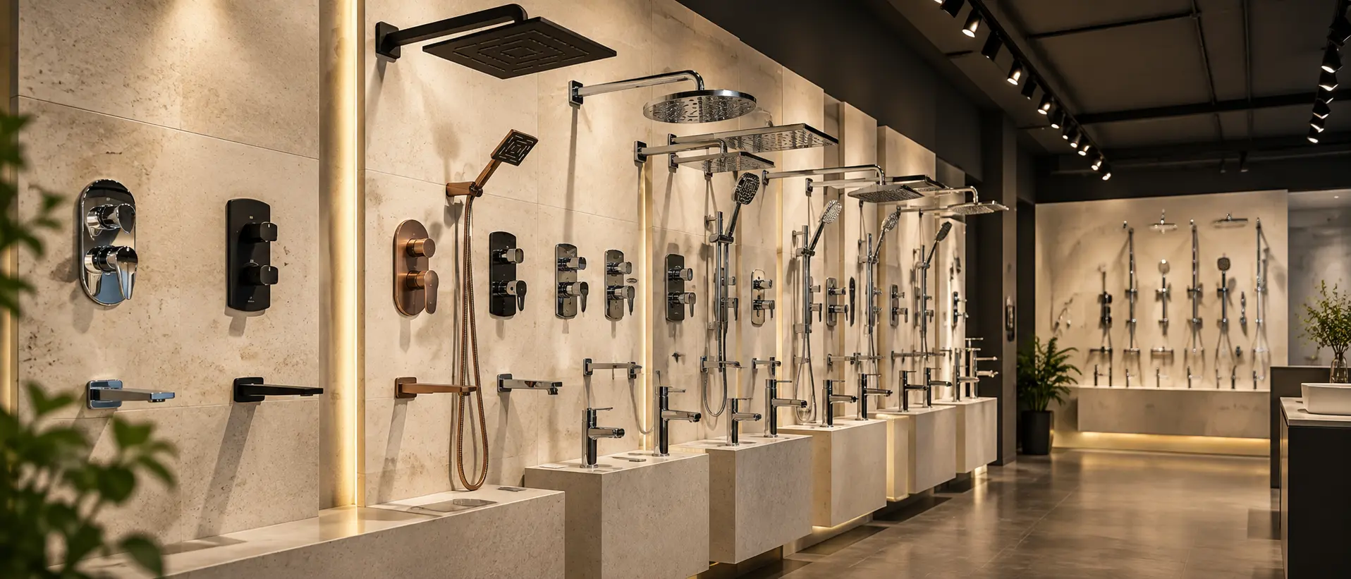 The brassware wall — mixers and showers arranged by finish.