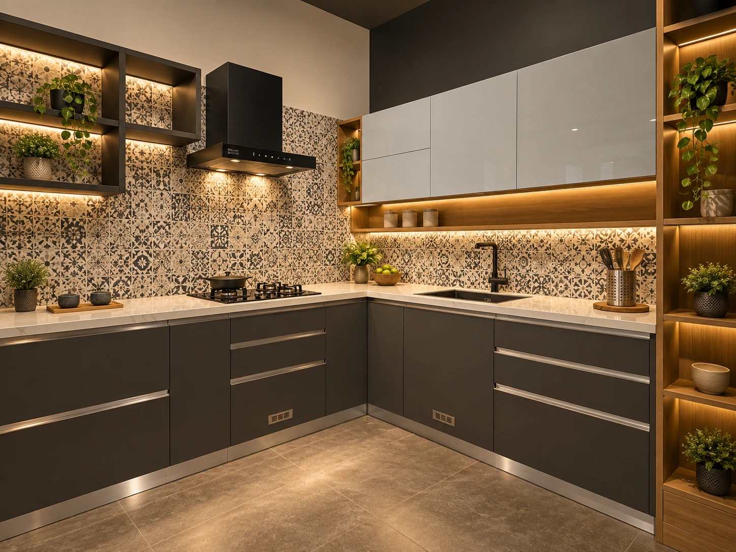 The kitchen floor — sinks and modular cabinetry set as room vignettes.