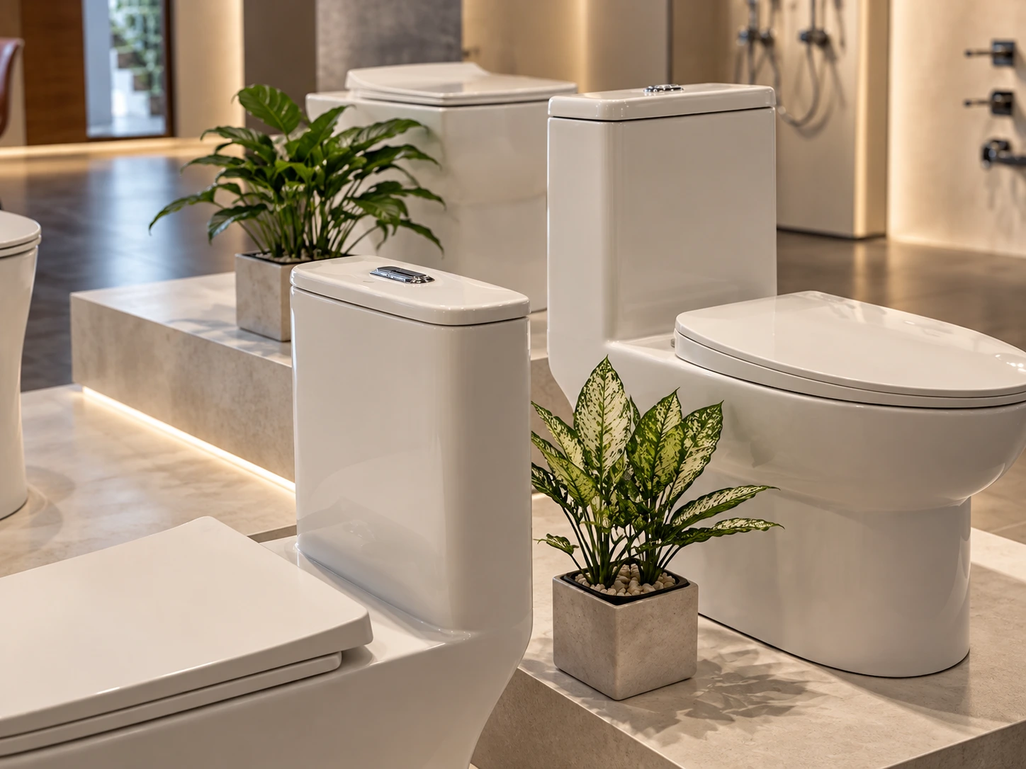 The consultation area — samples and finishes laid out on a stone table.