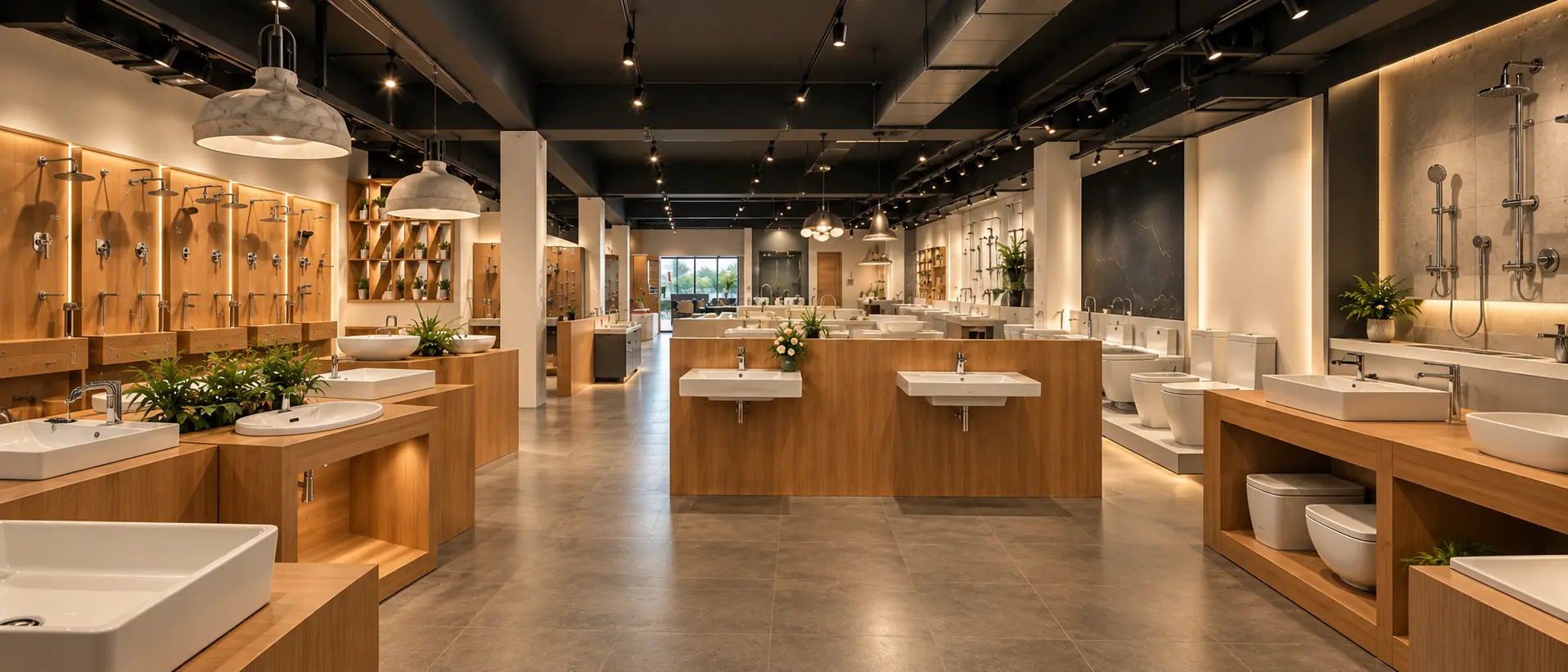 Inside the Venus showroom, Attingal — the brassware wall and vessel basins on white plinths.