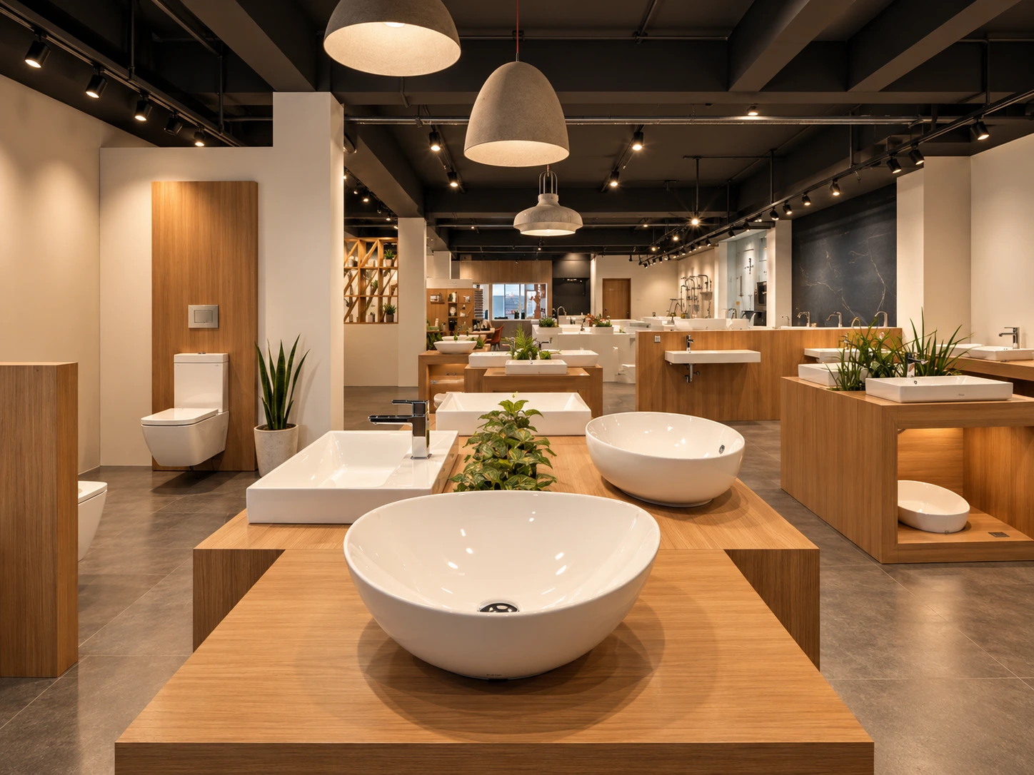 Inside the Venus showroom, Attingal — sanitaryware displayed on oak plinths beneath gallery lighting.