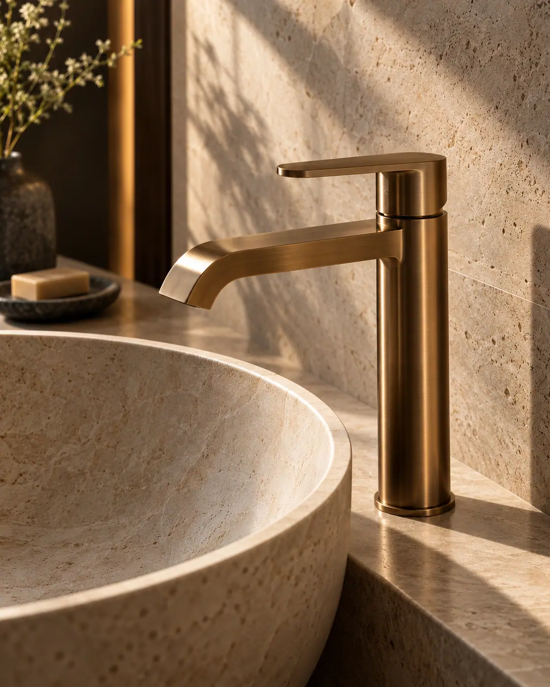 Hands adjusting a brushed-bronze basin mixer against a warm limestone wall.