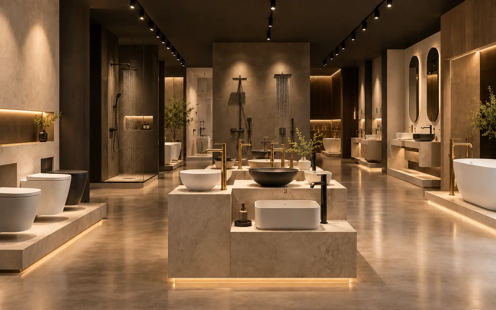 The Venus showroom — fixtures arranged like objects in a gallery across a stone floor.