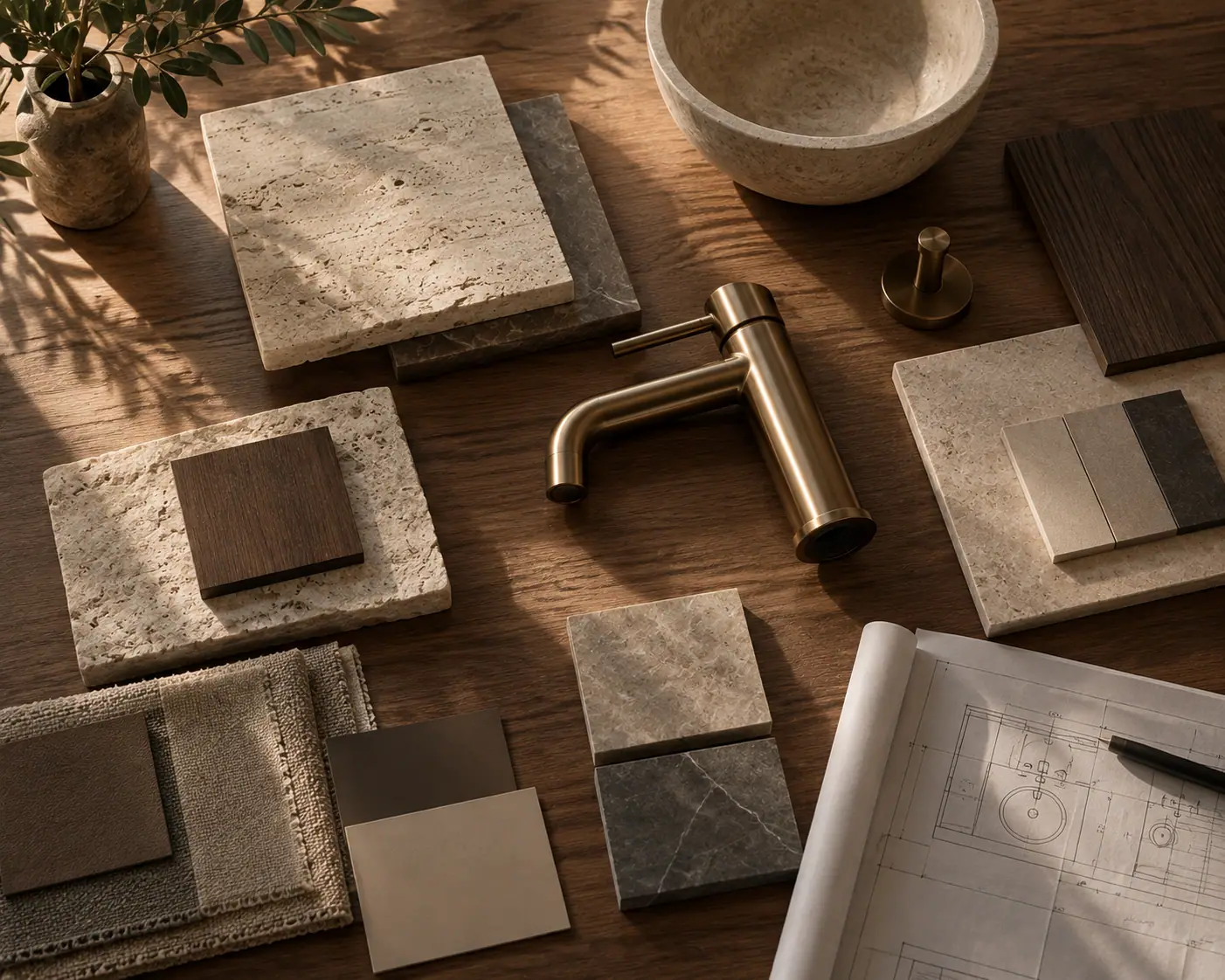 A staff member and a customer considering finishes together at the material table.